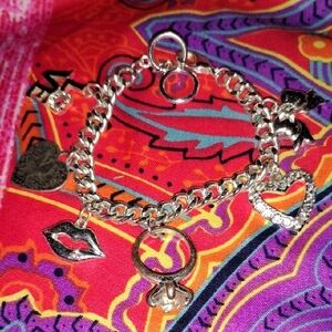 New York Company Silver Charm Bracelet with Heart and Lip Bow Ring Accent Charms